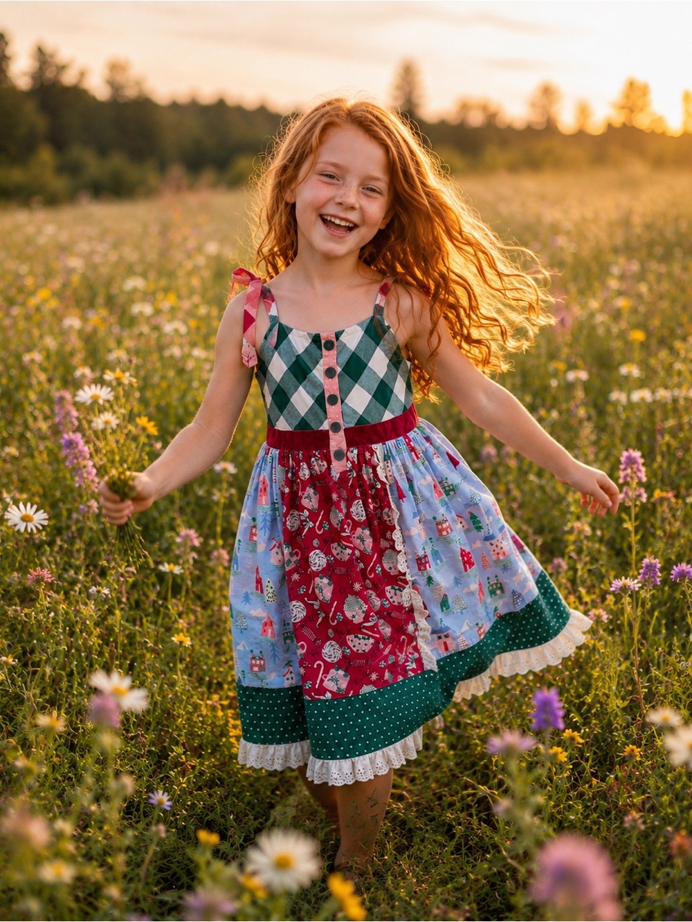 10- Matilda Jane Green Polka Dot Patchwork Dress with Cream Eyelet Trim